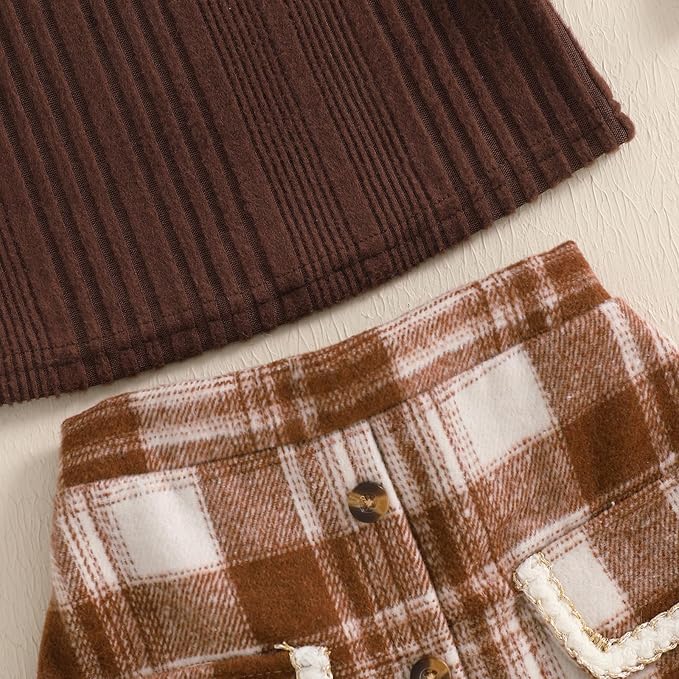 Fernvia Toddler Baby Girl Fall Winter Skirt Set Turtleneck Ribbed Long Sleeve T-Shirt Top & Plaid Skirts Dress 2Pcs Outfits