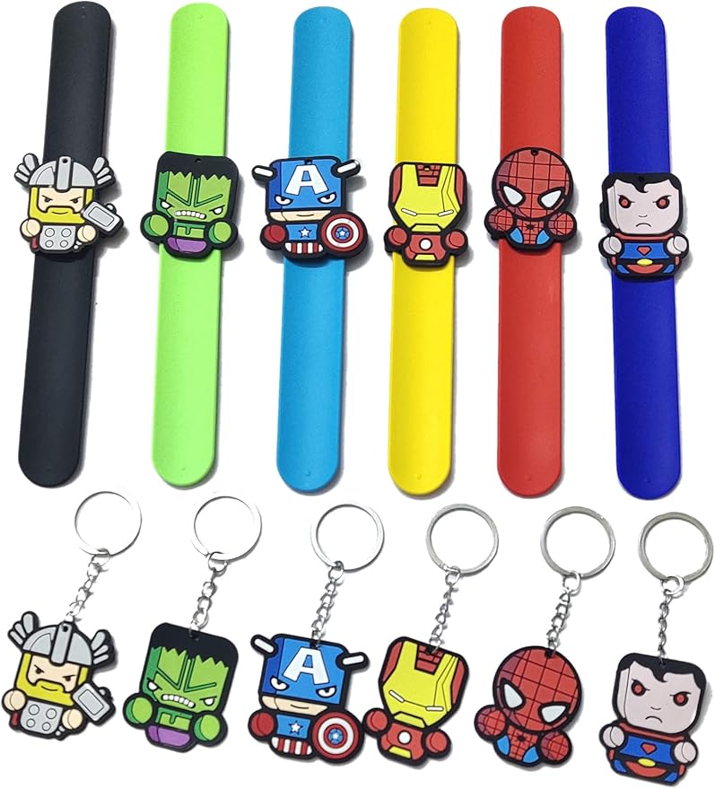 6Pcs Sets Include 6 Cartoon Character Silicone Slap Bracelets, and 6 Keychains.Boys and Girls Party Favors Gifts Carnival Prizes.