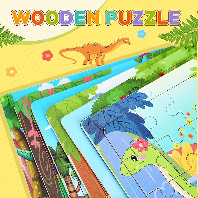 SANNIX 12 Pack Dinosaur Wooden Jigsaw Puzzles with 12 Organize Bags, Dinosaurs Animals Toddlers Puzzles for Kids Ages 3 4 5, Party Favors Educational Learning Travel Toys for Boys Girls