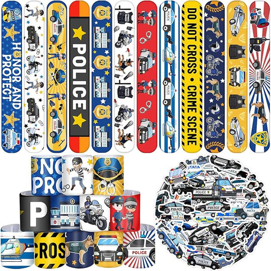 74PCS Police Party Favors 24PCS Police Officer Slap Bracelets 50PCS Police Stickers Police Cars Stickers for Police Party Decorations Kids Gifts Classroom Rewards Prizes Carnival Christmas