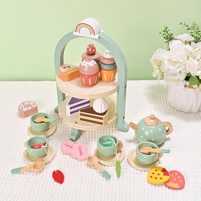 27pcs Wooden Tea Set for Little Girls, Toddler Tea Set Wooden Toys Play Kitchen Accessories with Cupcake Stand, Kids Tea Party Set Pretend Play Food Birthday Gift Playset