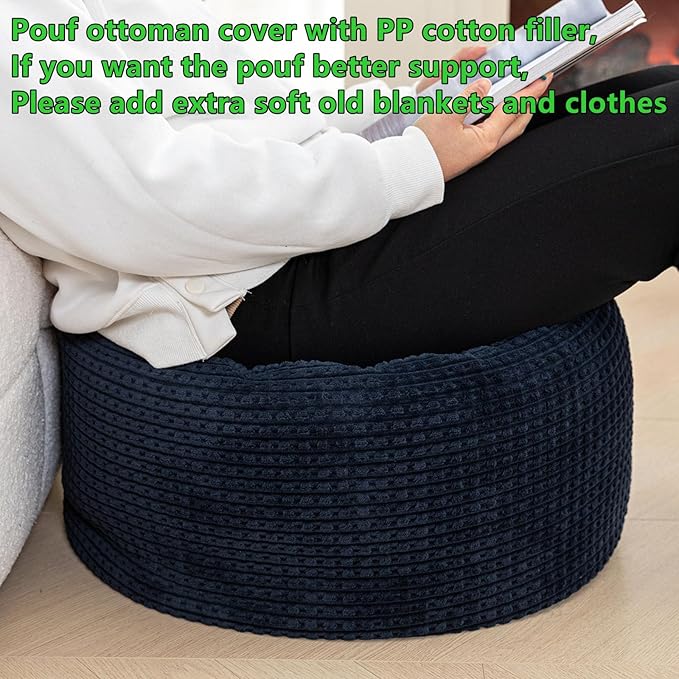 Pouf Ottoman Stuffed 20x20x12 Inches Floor Pouf Plush Fiber Ottoman Foot Rest Under Desk Foot Stool for Living Room Bedroom (Navy Blue Pouf with Filler)