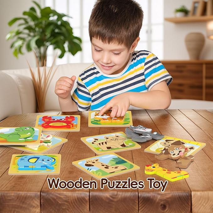 Puzzles, 8Pcs Animals Jigsaw Puzzles Toddler Toys, Brain Teaser Puzzles Montessori Toys, Wooden Puzzle Games, Educational Puzzles STEM Toys for 3+ Year Old Kids, for Kids