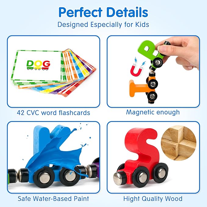 27 PCS Magnetic Wooden Alphabet Train Set, ABC Learning Toy with 42 Flash Cards, 1 Engine and Storage Bag, Educational Letter Toy Trains for Toddlers, Boys Girls, Ideal Gift for 3-7 Year Olds