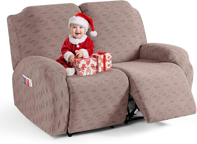TAOCOCO Recliner Loveseat Cover, Stretch Jacquard Reclining Loveseat Cover Furniture Protector Sofa Slipcovers 2 Seat Recliner Covers with Elastic Bottom for Kids, Pets (Khaki)
