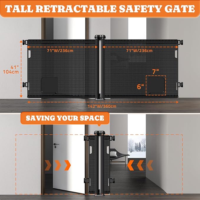 2-in-1 Retractable Baby Gates, 41" Tall Mesh Dog Gate with Cat Door 2-Pack, One Side Up to 200" Wide, Total 400" Wide, Long Retractable Pet Gate for Yard Swimming Pool Garage Indoor Outdoor-Black