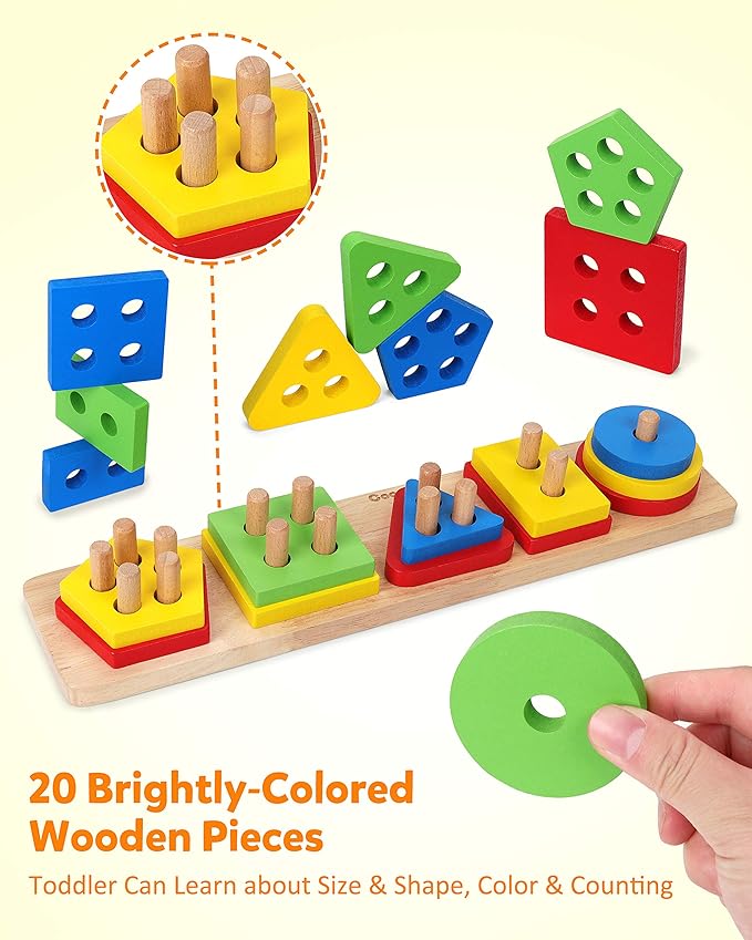 Coogam Wooden Sorting Stacking Montessori Toys, Shape Color Recognition Blocks Matching Puzzle Stacker Geometric Board Early Educational Puzzles for Years Old Boys and Girls