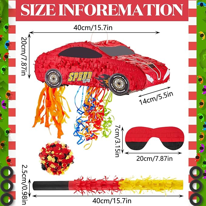 4 Pcs 15.7 Inch Race Car Piñata with Pull Strings, 3D Car Piñata with Blindfold Bat Confetti Double Sided, Race Cars Photo Booth Props for Boy Race Car Theme Birthday Baby Shower Party Supplies
