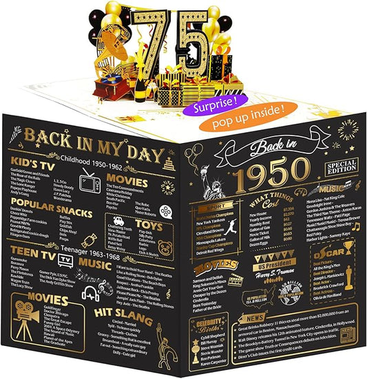 75th Birthday Card for Men Women, Funny 3D Pop Up 75th Birthday Gifts for Grandma Mom Dad, Back In 1950 Happy 75 Year Old Birthday Decorations Cards for Her Him