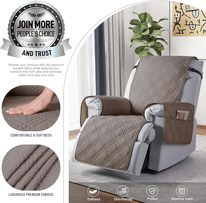 TAOCOCO 100% Waterproof Recliner Chair Cover Stay in Place, Recliner Covers for Small Recliner Chair with Pocket, Reclining Chair Cover Furniture Protector for Kids, Pets(X-Small Chair, Light Brown)
