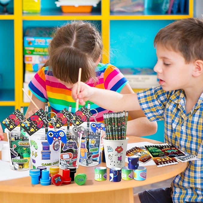 265 Pcs Video Game Party Favors Drinking Cups Notebook Pencils Sharpener Keychain Slap Bracelets Ring Stamp DIY Sticker Tattoo Sticker Tag Twist Tie for Boy Kid Birthday Gamer Reward Gift