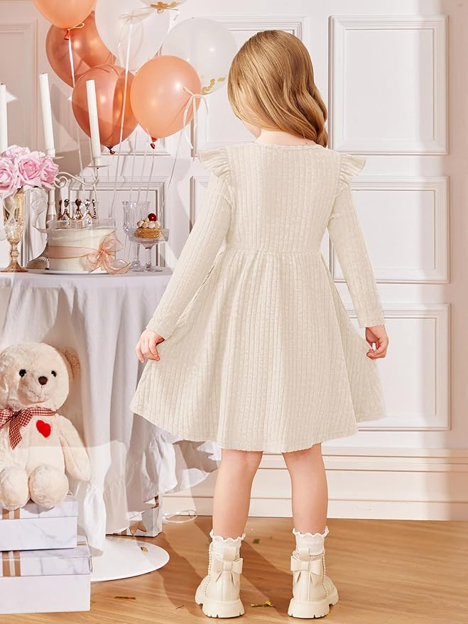 Arshiner Toddler Girl Dress Baby Girls Knitted Ruffle Sleeve Pocket Dresses A-Line Flared Fall Winter Clothes for 2-8 Years
