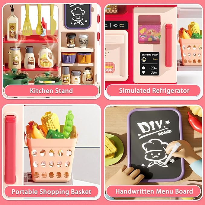 Kids Kitchen Playset Set, 63PCS Pretend Play Kitchen Toys for Toddlers, Cooking Stove with Steam Sound Light, Play Sink with Manual Faucet, Play Food Accessories Gift for Girls Boys, 33’’H