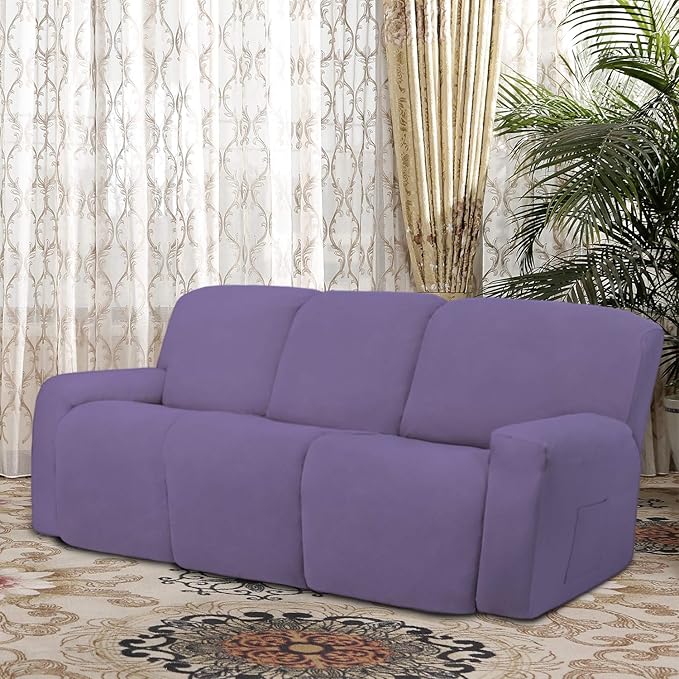 Easy-Going 8 Pieces Microfiber Stretch Sectional Recliner Sofa Slipcover Soft Fitted Fleece 3 Seats Couch Cover Washable Furniture Protector with Elasticity for Kids Pet(Recliner Sofa, Purple)