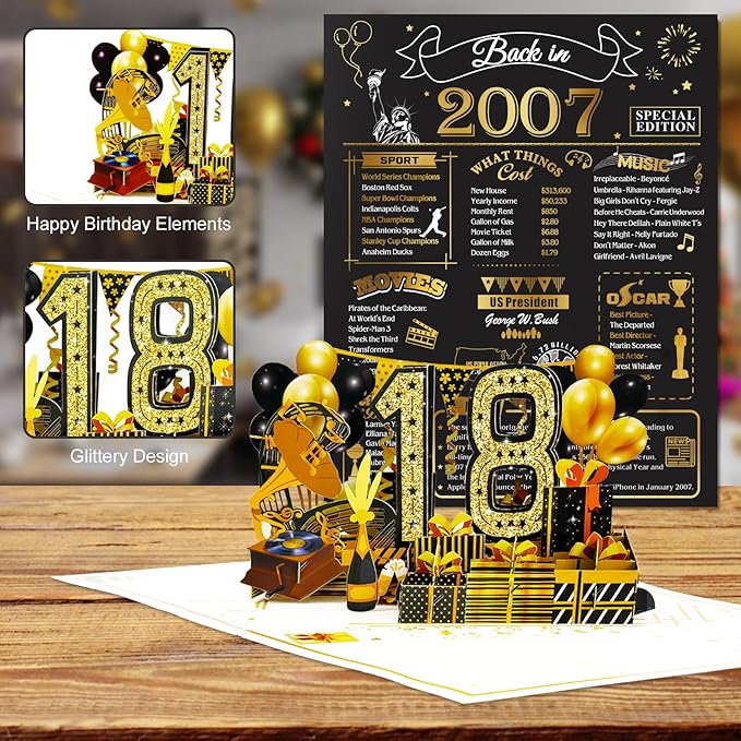 18th Birthday Card for Men Women, 3D Pop Up 18th Birthday Gifts Cards for Him Her, Back In 2007 Funny 18 Year Old Birthday Decorations, Black Gold