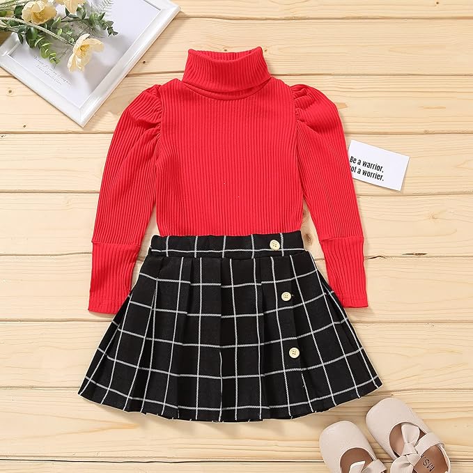 Fernvia Toddler Baby Girl Fall Winter Skirt Set Turtleneck Ribbed Long Sleeve T-Shirt Top & Plaid Skirts Dress 2Pcs Outfits