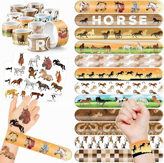 48PCS Horse Party Favors - 24 Tattoos & 24 Slap Bracelets, Perfect for Horse-Themed Birthdays, School Prizes, and Christmas Rewards for Kids