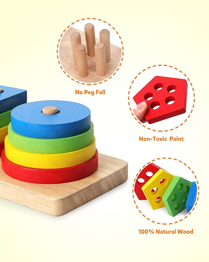 Coogam Wooden Sorting Stacking Montessori Toys, Shape Color Recognition Blocks Matching Puzzle Stacker Geometric Board Early Educational Puzzles for Years Old Boys and Girls