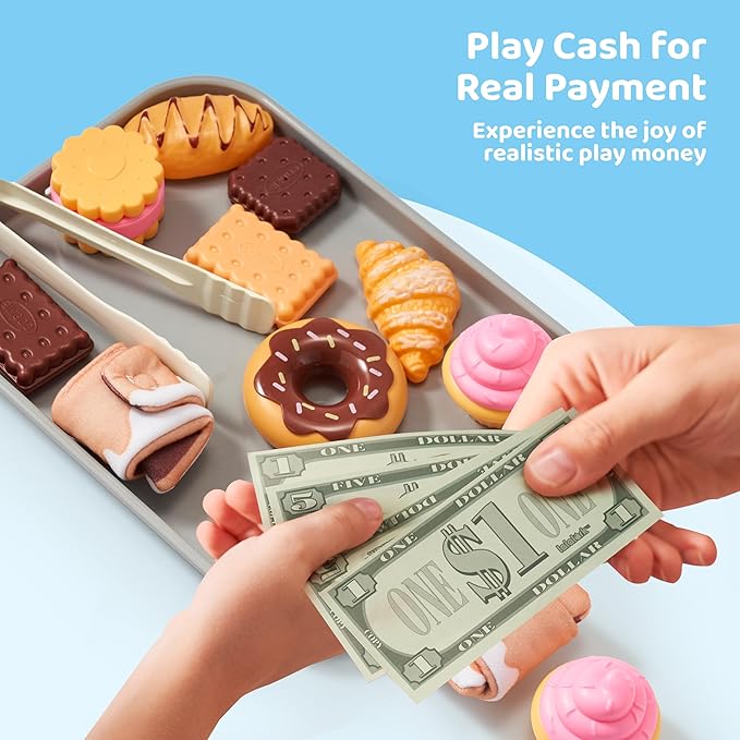 Cookie Play Food Set, Toddler Pretend Toys, 17 PCS Kitchen Toy Food Sets with Plastic Cookies, Baking Menu, Bakery Tray, and Play Money for Boys and Girls, Birthday Gift for Kids