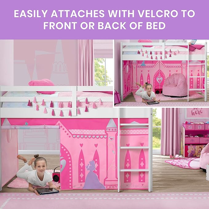 Delta Children Twin Loft Bed with Guardrail and Ladder + Tent (Bundle), White/Disney Princess