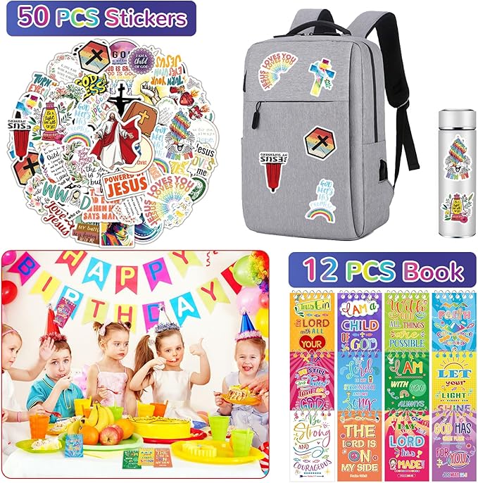 98PCS Christian Gifts Bible Religious Party Favors, Jesus Love You Religious Bracelets, Mini Religious Notebooks, Bible Stickers, Christian Button Pins and Verses Temporary Tattoos for Kids Adults
