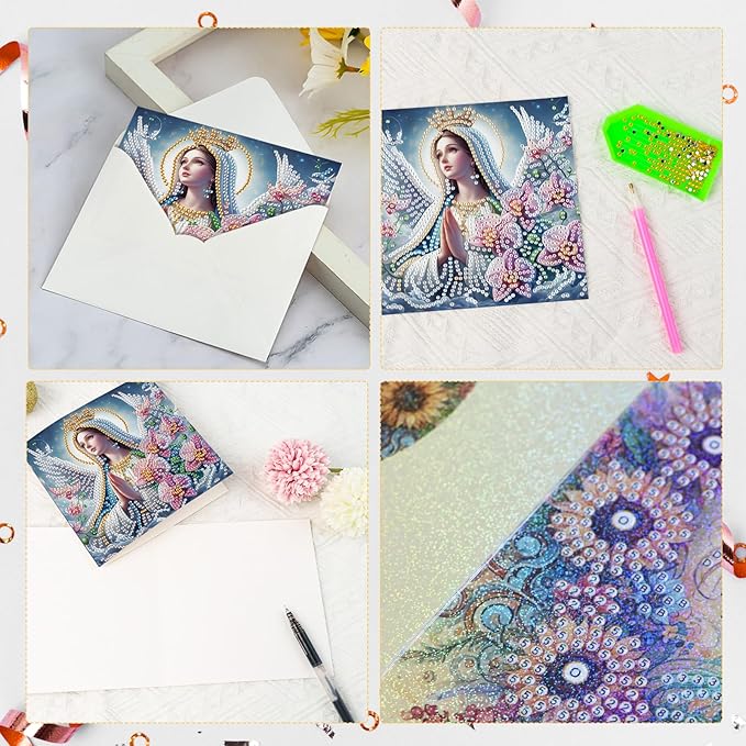 6 Pcs 5D Rhinestone Painting Greeting Cards Kits, Handmade Festival Greeting Cards with Envelopes Holographic Laser Effect DIY Diamond Art Crafts Birthday Cards for Birthdays Celebrations (Religion)