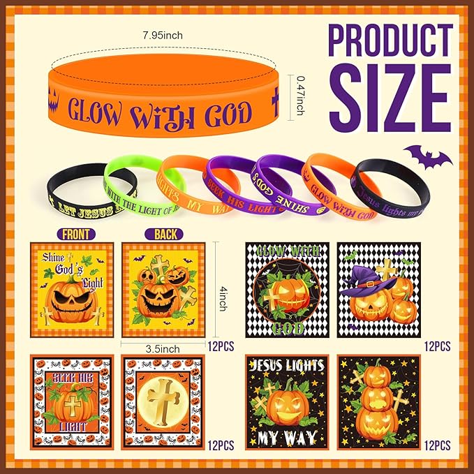 48 Pcs Kids Halloween Party Favors Rubber Bracelets and Cards Christian Silicone Wristbands Bulk Religious Halloween Goodie Bag Stuffers Kids Wristband for Classroom Prizes