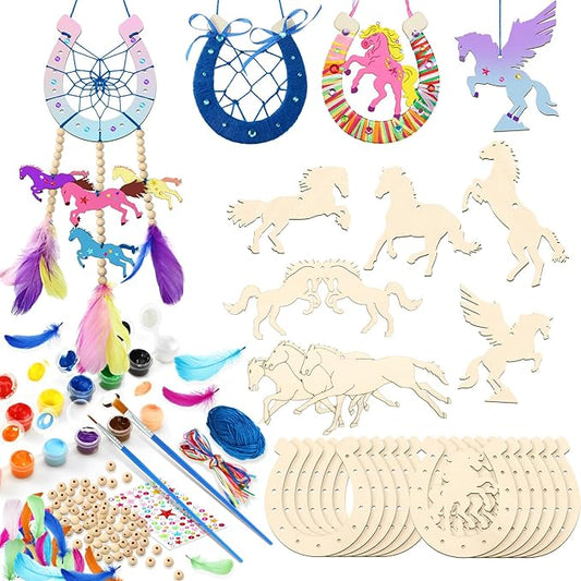 36 Pack Wooden Horse Craft for Boys and Girls Unfinished Wooden Horses Cutout DIY Dream Catcher Paintable Western Craft Supplies for Art Activity Party(Horseshoes)