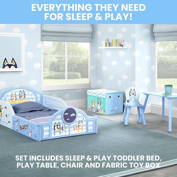 Delta Children - Bluey 4-Piece Toddler Room-in-a-Box Set – Includes Sleep and Play Toddler Bed, Table, 1 Chair and Fabric Toy Box, Blue