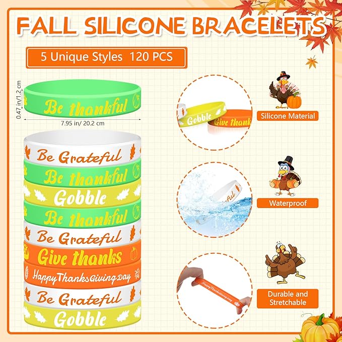 240 Pcs thanksgiving Party Favors thanksgivingSlap Bracelets for Kids Rubber Wristbands Bulk Silicone Bracelets Assorted thanksgiving Party Supplies for Boys Girls Prize Gifts Treat Filler