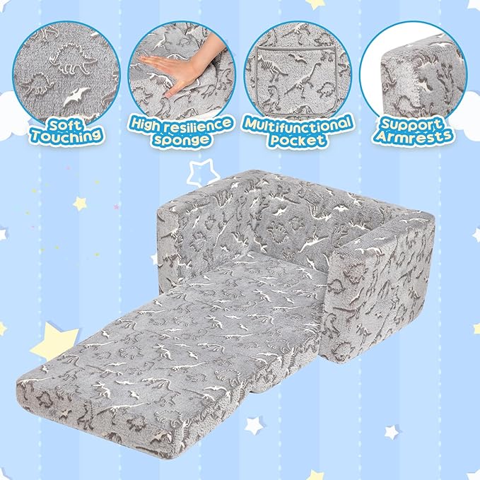 ALIMORDEN 2-in-1 Flip Out Cuddly Sherpa Toddler Couch, Convertible Sofa to Lounger, Glow in The Dark,Dinosaurs