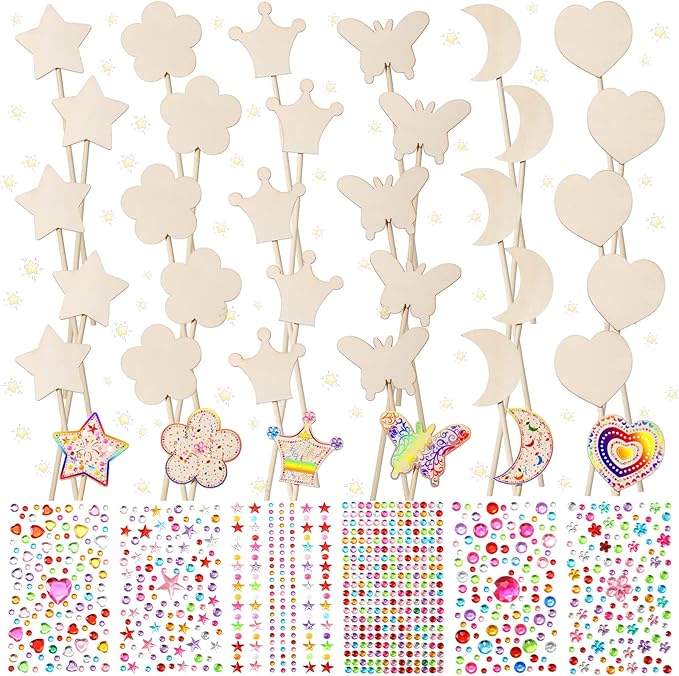 42 Pcs Princess Fairy Wands Kit, Include 36 Pcs Wooden Unfinished Wand DIY Princess Wand with 6 Sheet Colorful Diamond Sticker for Girls Make Your Own Princess Wand, Cosplay Costume Party Favor