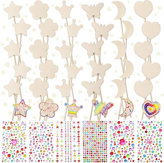 42 Pcs Princess Fairy Wands Kit, Include 36 Pcs Wooden Unfinished Wand DIY Princess Wand with 6 Sheet Colorful Diamond Sticker for Girls Make Your Own Princess Wand, Cosplay Costume Party Favor