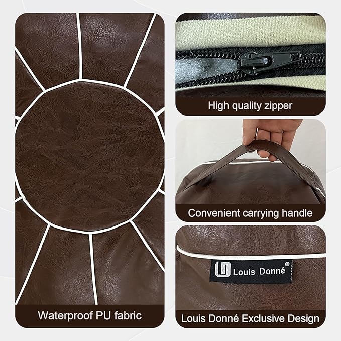 Louis Donné Unstuffed Pouf Ottoman Cover, Handmade Moroccan Foot Stool for Foot Rest, Round Faux Leather Small Bean Bag with Storage Solution, Floor Pouffe Footstool for Living Room, Bedroom Balcony