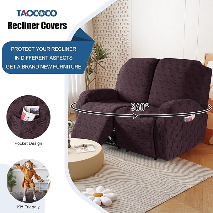 TAOCOCO Recliner Loveseat Cover, Stretch Jacquard Reclining Loveseat Cover Furniture Protector Sofa Slipcovers 2 Seat Recliner Covers with Elastic Bottom for Kids, Pets (Dark Coffee)