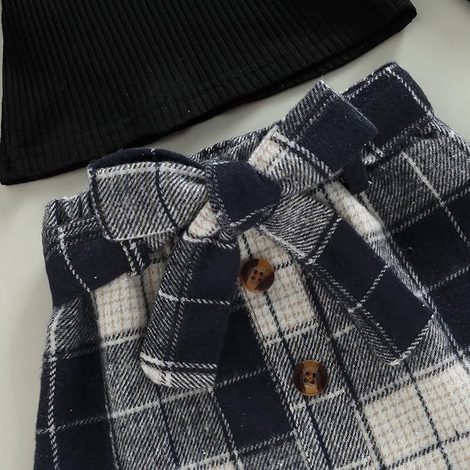 Fernvia Toddler Baby Girl Fall Winter Skirt Set Turtleneck Ribbed Long Sleeve T-Shirt Top & Plaid Skirts Dress 2Pcs Outfits