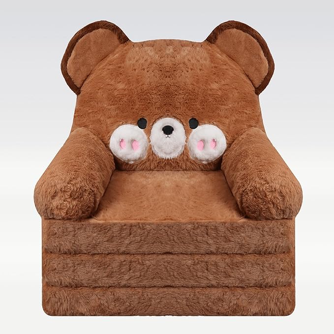 MONKISS 2-in-1 Toddler Couch Bear Chairs Comfy, Kids Chair Couch, Mini Couch, Flip Out Sherpa Kids Sofa, Baby Couch, Chair for Toddlers 1-3, Kids Lounge Chair Reading Chair, Kids Couch Bed Fold Out