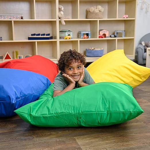Children's Factory, CF650-507, 27" Cozy Floor Pillows, Set 4, Primary, Flexible Seating Classroom Furniture, Daycare or Preschool Kids Reading Nook
