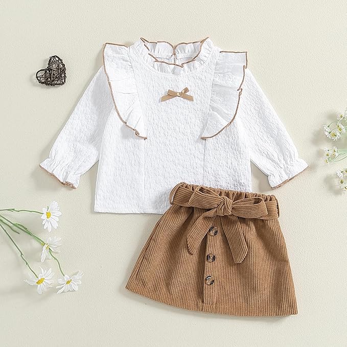 Fernvia Toddler Baby Girl Fall Winter Skirt Set Turtleneck Ribbed Long Sleeve T-Shirt Top & Plaid Skirts Dress 2Pcs Outfits