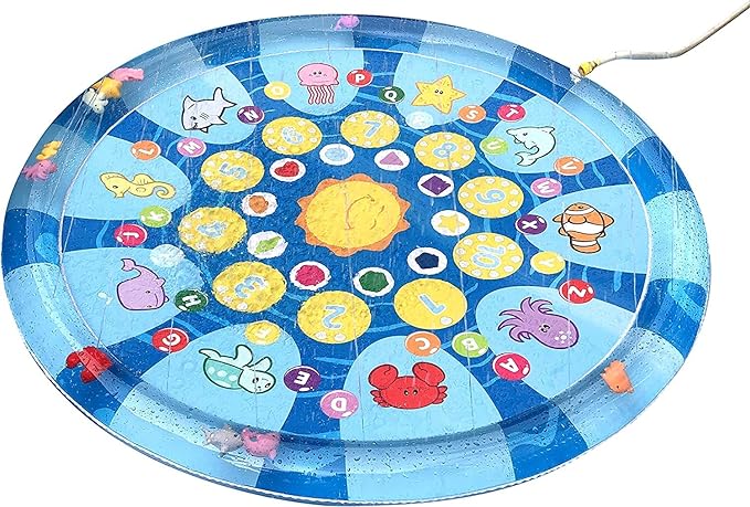 4 in 1 Splish Splash Learning Pad – Outdoor 60” Sprinkler Water Toy for Toddlers and Kids | USA Patented Swimming Ocean Animals | Inflatable Pool with Matching and Learning Games