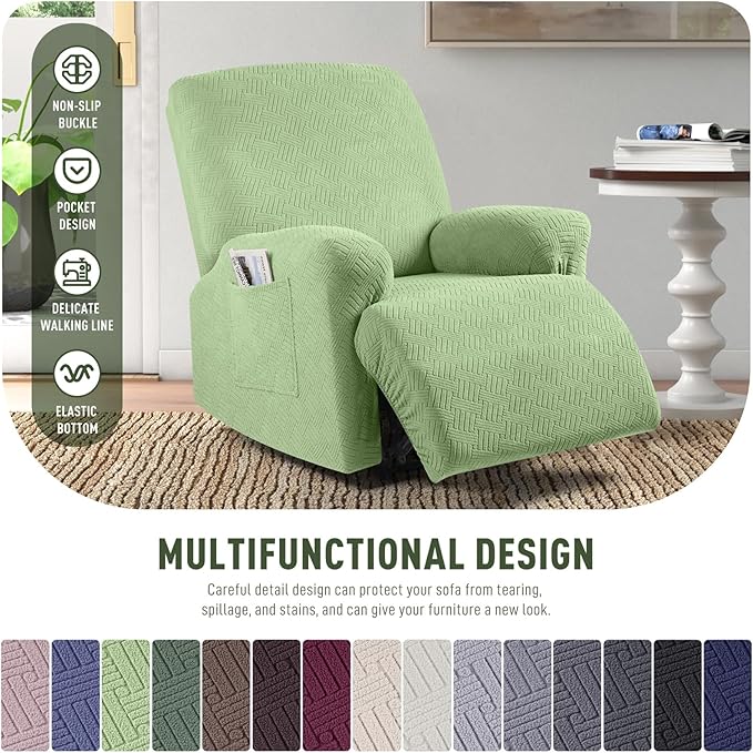 KinCam Recliner Covers, Stretch Reclining Chair Covers, Recliner Sofa Slipcovers Stripe Jacquard Recliner Couch Covers Furniture Protector Covers for Pet Kid (1 Seater, Light Green)