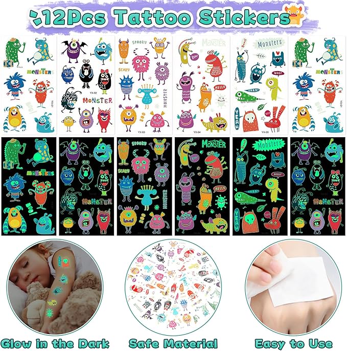 98Pcs Monster Party Favors Birthday Supplies for Kid Monster Drinking Straw Luminous Tattoo Sticker Keychain Slap Bracelet Sticker Pinata Filler Goodie Bag Stuffer Monster Birthday Party Supplies