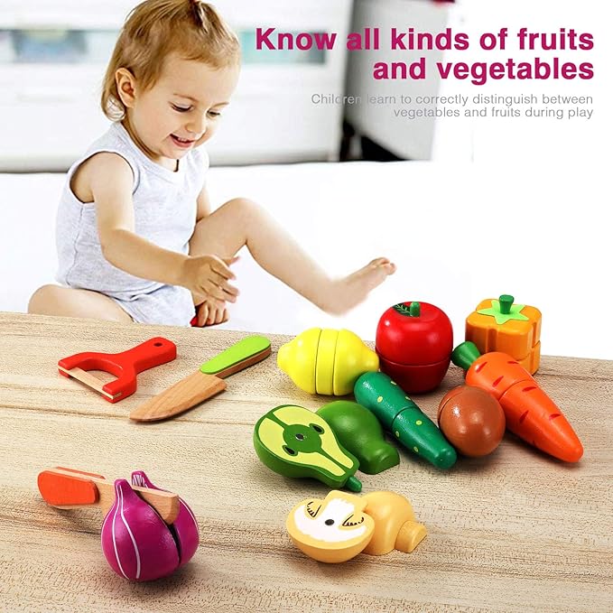 Wooden Toys Food for Kids Kitchen - Play Food Cutting Fruits and Vegetables Set for Pretend Role Play