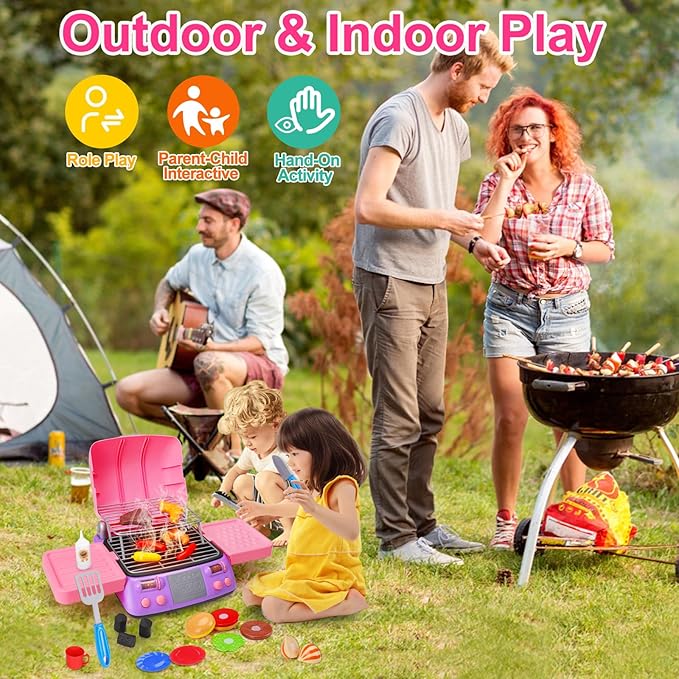 Kids BBQ Grill Playset Kitchen Toy Set with Pretend Smoke Sound Light Toddler Girls Pink Play Food Ages 2-4 3-5 4-8 Indoor Outdoor Cooking Barbecue Toys for 2 3 4 Year Old Girl Birthday Valentine Gift