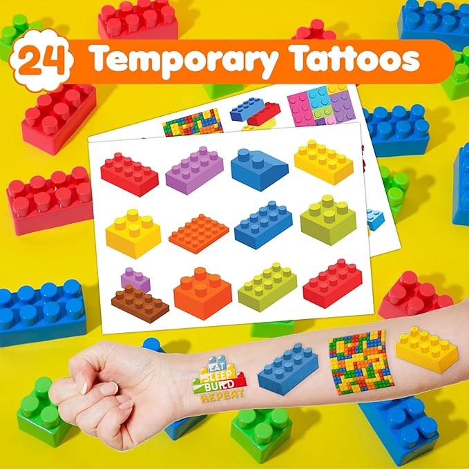 48PCS Building Block Party Favors - 24PCS Tattoos & 24PCS Slap Bracelets - Birthday Party Supplies, Classroom Prizes, Carnival Gifts, Christmas Decorations for Boys & Girls
