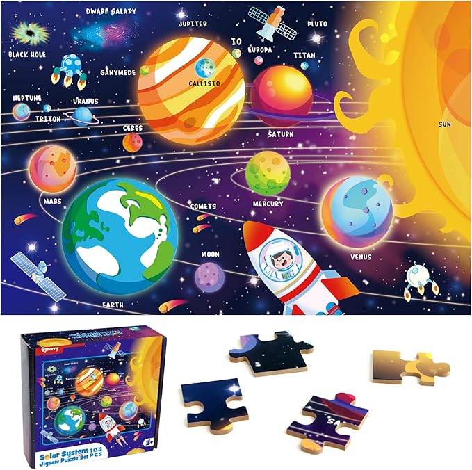 SYNARRY 100 Piece Puzzles for Kids, Space Puzzle for Kids Ages 4-8 Solar System Puzzle for Kids 3-5, 100 Pieces Puzzles for 3 4 5 6 7 8 Year Olds Boys Girls Childrens, Fun Planet Puzzle with Names