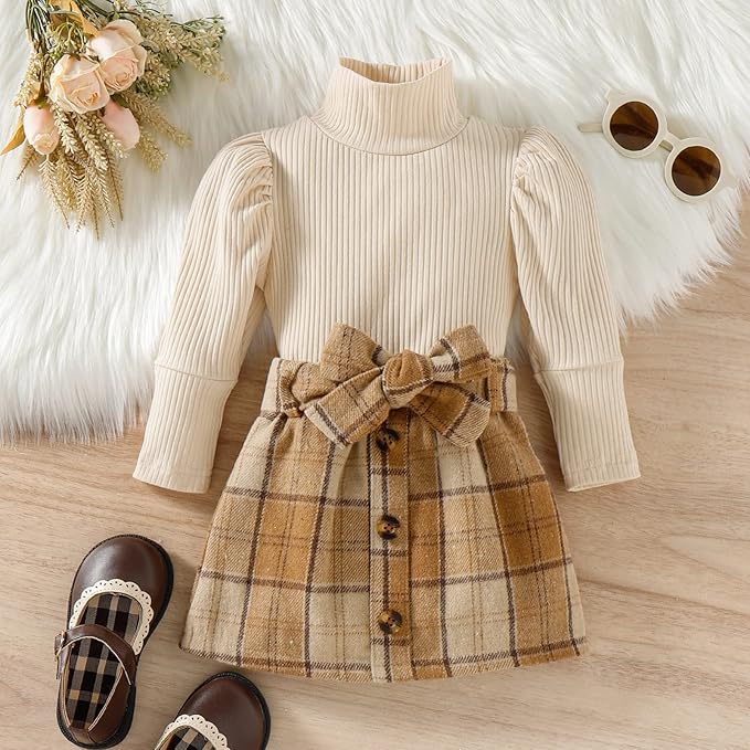 Fernvia Toddler Baby Girl Fall Winter Skirt Set Turtleneck Ribbed Long Sleeve T-Shirt Top & Plaid Skirts Dress 2Pcs Outfits