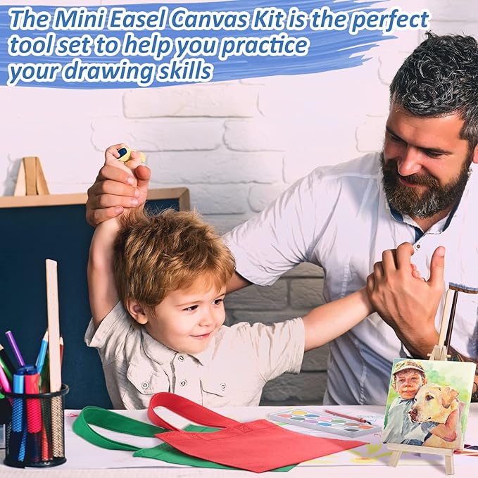 24 Sets 72 Pcs Mini Canvas Easel and Watercolor Paint Set 4 x 4 Inch Canvases for Painting Kids Art Non Woven Bags Washable Watercolors Kids Paint Set for Birthday Painting Art Party Favors Supplies