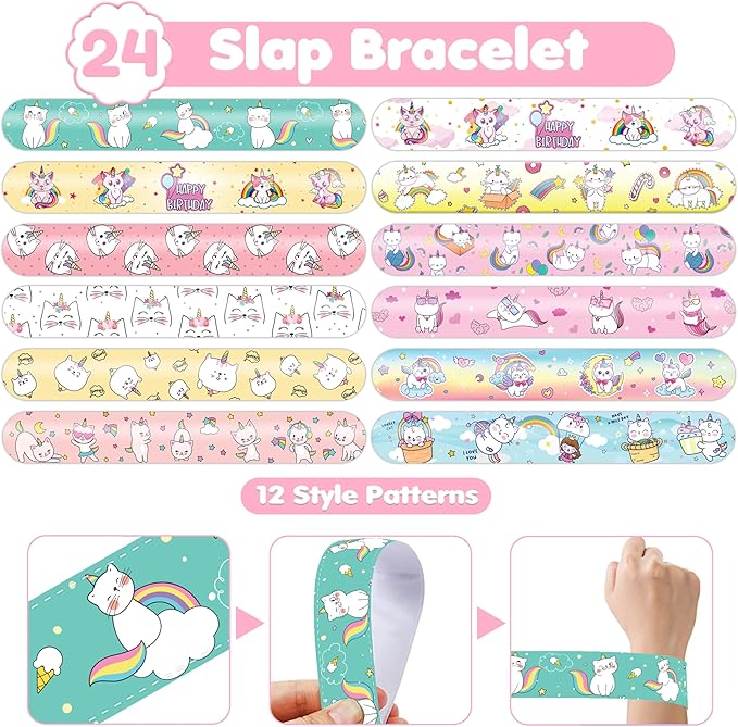 48PCS Caticorn Party Favors - 24PCS Tattoos & 24PCS Slap Bracelets - Cat Unicorn Birthday Supplies, Kitty-Themed Decorations, Classroom Prizes, Gifts for Girls & Boys