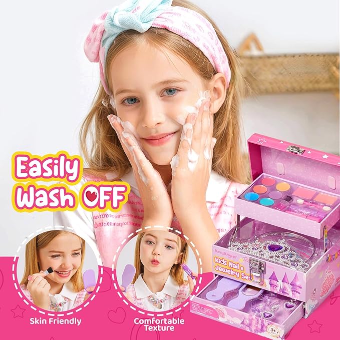 Kids Makeup Kit for Girls, Real Washable Cosmetic Set with Mirror, Jewelry Bracelet Making Kit for Kids Makeup Toy, Kids Makeup Sets for Girls 4 5 6 7 8 9 10 11 12 Years Old Kid (Purple)